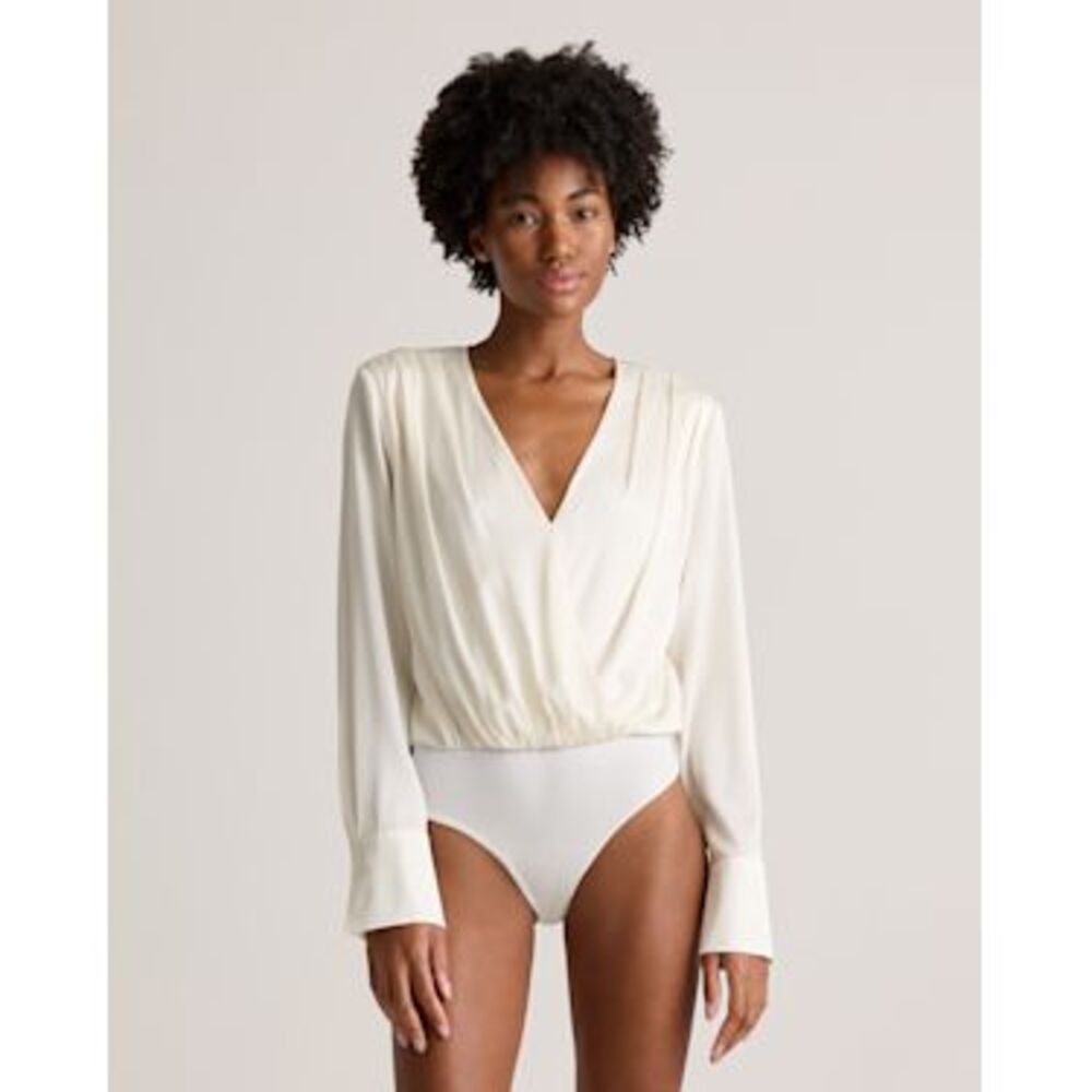 Quince Stretch Silk Surplice Bodysuit Cream S-71776092137-1360027-$99